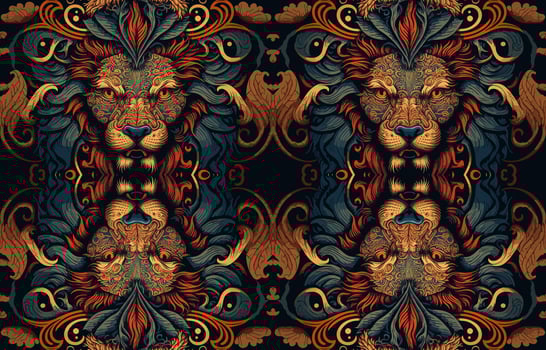 Ethnic lion fabric pattern. Abstract traditional folk antique graphic line lion. Fabric textile lion vector illustration ornate elegant luxury vintage retro style. Art print design for clothing etc.