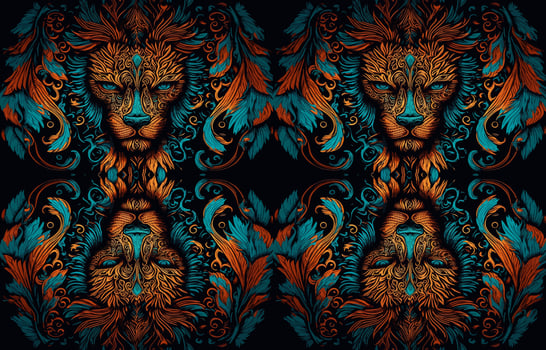 Ethnic lion fabric pattern. Abstract traditional folk antique graphic line lion. Fabric textile lion vector illustration ornate elegant luxury vintage retro style. Art print design for clothing etc.