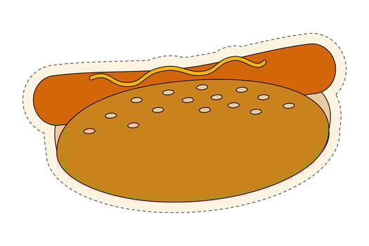 Appetizing hot dog with sausage and mustard in a sesame bun. Fast food. Street food. Sticker vector