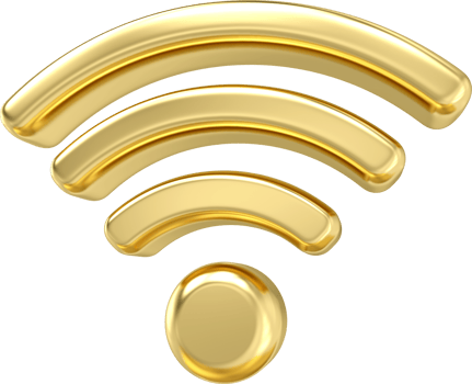 3d gold metal wireless signal icon. 3d wireless connection and sharing network on internet. Hotspot access point for digital and broadcasting. 3d broadcasting area with WiFi. png