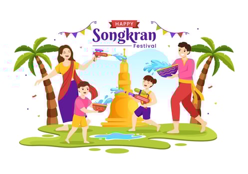 Happy Songkran Festival Day Illustration with Kids Playing Water Gun in Thailand Celebration in Flat Cartoon Hand Drawn for Landing Page Templates vector