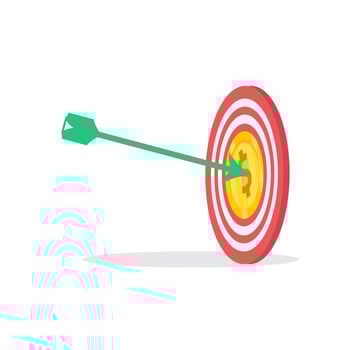 Target with arrow and pile of gold coins. Goal setting. Smart goal. Business target concept. Achievement and success. Vector illustration in flat style