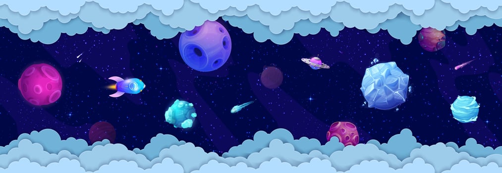 Space paper cut with flying spaceship, planets vector