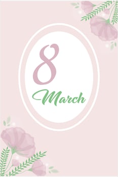 March 8 greeting card in gentle colors, flat hand drawn design with flowers, hearts vector