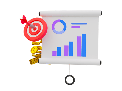 3d minimal business goal concept. Statistic data analysis. Marketing strategy. Projector board with a chart graph, dart board, and a pile of money. 3d illustration. png