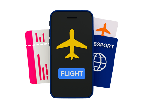 3d minimal vacation trip concept. Traveling abroad concept. Relaxation time on a holiday. Smartphone with a plane ticket and passport book. 3d illustration. png