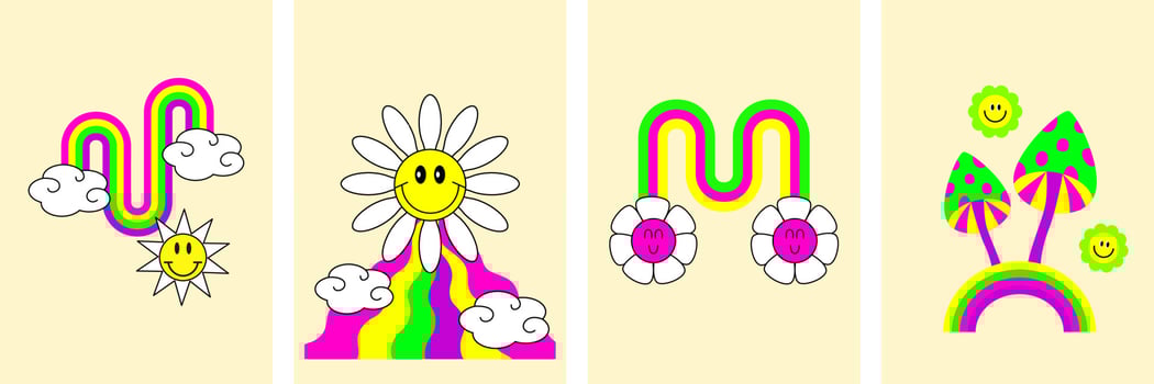 Set of retro psychedelic acid prints. T-shirt, fabrics, poster, cards, stickers design. Rainbows, suns, clouds, retro waves, smiling flowers, mushrooms. Rave. Positivity vector