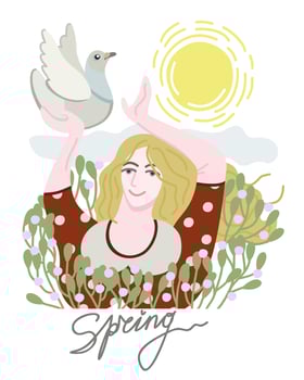 Spring. Young woman in flowers with white pigeon, who reaches out to the sun. vector