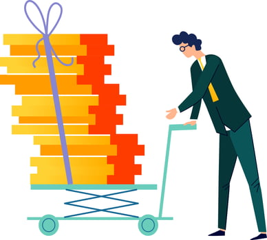 Male character pushes cargo trolley cartoon vector