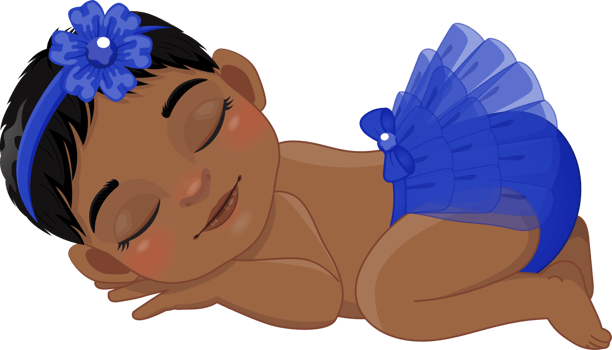 Cartoon character sleeping black baby girl wearing royal blue ruffled diaper cartoon png