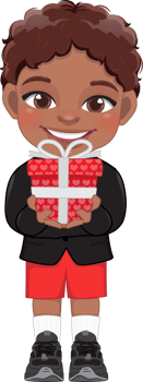 Valentine American African kid with little black boy holding gift box. Dating, Celebrating Valentines day flat icon. Brown curly hair young boyfriend cartoon character PNG. png