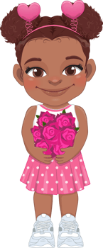 Valentine American African kid with little black girl holding rose flower. Dating, Celebrating Valentines day flat icon. Brown two buns hair young girlfriend cartoon character PNG. png