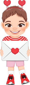 Valentine kid with little boy holding love letter. Dating, Celebrating Valentines day flat icon. Brown hair young boyfriend cartoon character PNG. png