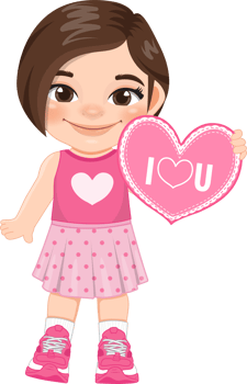 Valentine kid with little girl holding pink heart banner. Dating, Celebrating Valentines day flat icon. Brown short hair young girlfriend cartoon character PNG. png