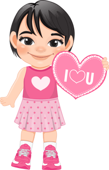 Valentine kid with little girl holding pink heart banner. Dating, Celebrating Valentines day flat icon. Black short hair young girlfriend cartoon character PNG. png