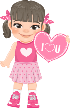 Valentine kid with little girl holding pink heart banner. Dating, Celebrating Valentines day flat icon. Ash matte blonde ponytails hair young girlfriend cartoon character PNG. png