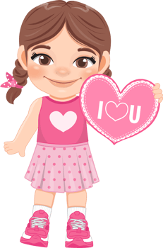 Valentine kid with little girl holding pink heart banner. Dating, Celebrating Valentines day flat icon. Brown long braided pigtails young girlfriend cartoon character PNG. png