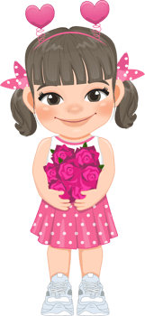 Valentine kid with little girl holding pink rose flowers. Dating, Celebrating Valentines day flat icon. Ash matte blonde ponytails hair young girlfriend cartoon character PNG. png