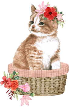 Spring floral watercolor with cute cat animal png
