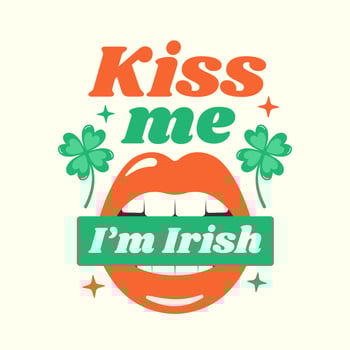 Kiss me i'm Irish holiday quote with clover leaves and open mouth. St Patrick's Day inspirational phrase. vector