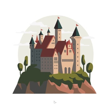 Medieval castle on hill. Fortified fortress in beige colors with arched windows and red flag on turrets . Fairytale kingdom palace isolated on white. Flat hand drawn vector illustration.