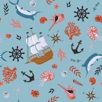 Seamless pattern with marine items, marine animals, ships. Vector graphics.