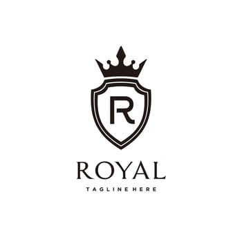 Shield and royal crown vintage logo design template vector icon illustration