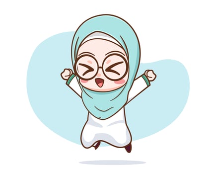 Cute muslim girl jumping happily cartoon character vector