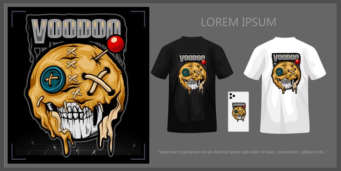 Voodoo masked skull doll illustration t-shirt design complete with mockup. vector