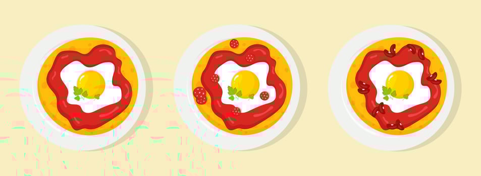 Mexican cuisine traditional breakfast huevos rancheros with different fillings set vector