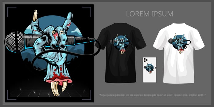 Illustration t-shirt design of zombie hand holding microphone isolated on dark night background complete with mock up. vector