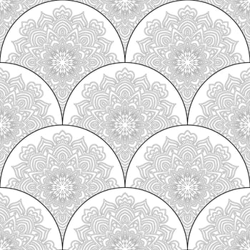 Abstract mandala fish scale seamless pattern. Ornamental tile, mosaic background. Floral patchwork infinity card. Arabic, Indian, ottoman motifs. vector