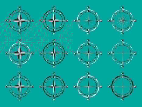 Wind rose. Compass signs. Nautical instruments for north orientation. Black and white contour cartographic symbols. vector