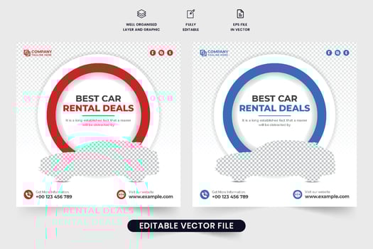 Creative car rental deal promotion poster vector with photo placeholders. Rent a car business advertisement template design with red and blue colors. Car rental social media post vector.