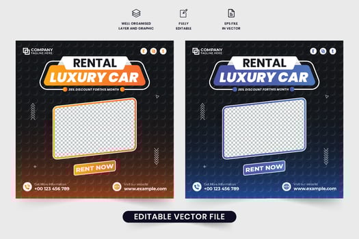 Car rental social media post vector with blue and orange colors on dark backgrounds. Car management and rental business promotional web banner vector. Rent a car service poster with photo placeholders