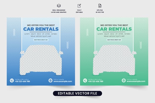 Modern car rental business promotion template design with green and blue colors. Rent a car social media post vector with photo placeholders. Vehicle rental and management web banner vector.