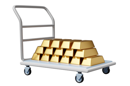 Gold bars pile on warehouse trolley icon 3d, platform trolley isolated. investment or business finance, loan concept, 3d render illustration png