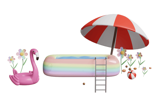 3d Inflatable Pool with swim ring flamingo, umbrella, beach ball isolated. Summer decorate concept, 3d render illustration png