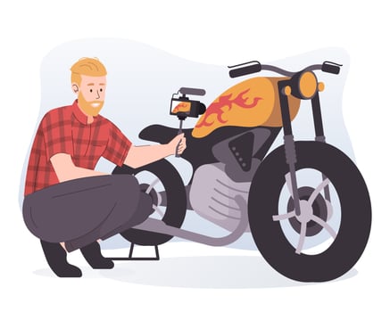 Man recording his motorcycle using camera. Motorcycle blogger vector