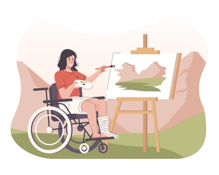 Disabled woman in wheelchair painting landscape vector