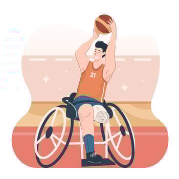 Disabled man in wheelchair playing basketball. Paralympic athlete in stadium vector