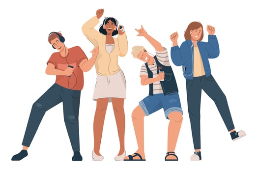 Group of young people listening to music and dancing vector