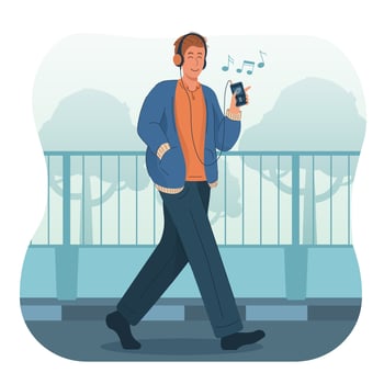 Young man listening to music while walking on the street vector