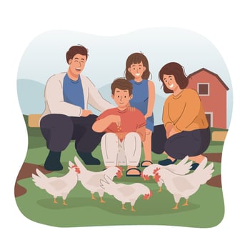 Parents and their children feeding chickens in the farm vector