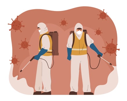 Medical worker team wearing protective suit, cleaning and disinfecting to prevent the spread of coronavirus vector