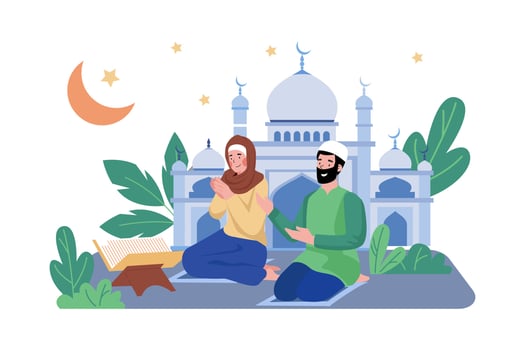 Muslim Couple Are Reading Al Quran In Front Of Mosque vector