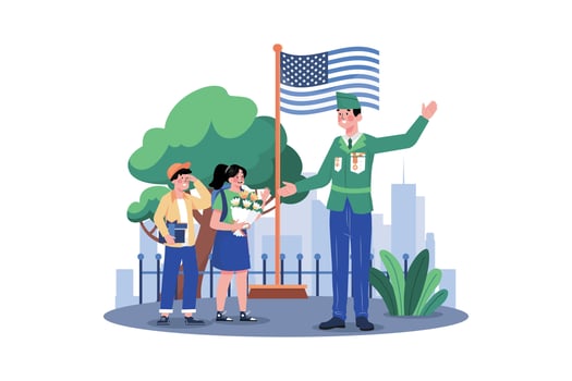 Children Give Flower To Thank For Veterans vector