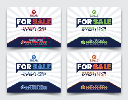 Modern home sale real estate company business yard sign, signage design vector template for outdoor advertising multiple color concept red, green, blue and orange