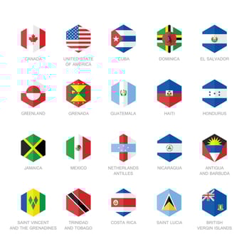 North America and Caribbean Flag Icons. Hexagon Flat Design. vector