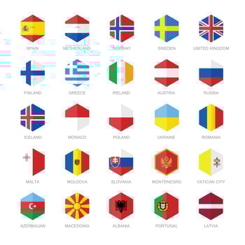 Europe Flag Icons. Hexagon Flat Design. vector